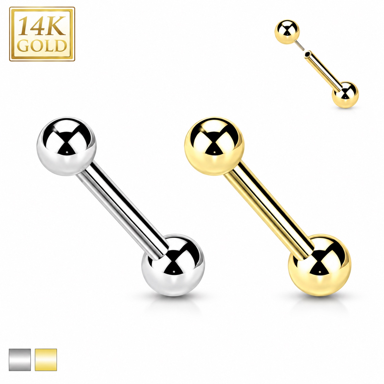 14K Gold Threadless Push-In Barbell With Ball Ends