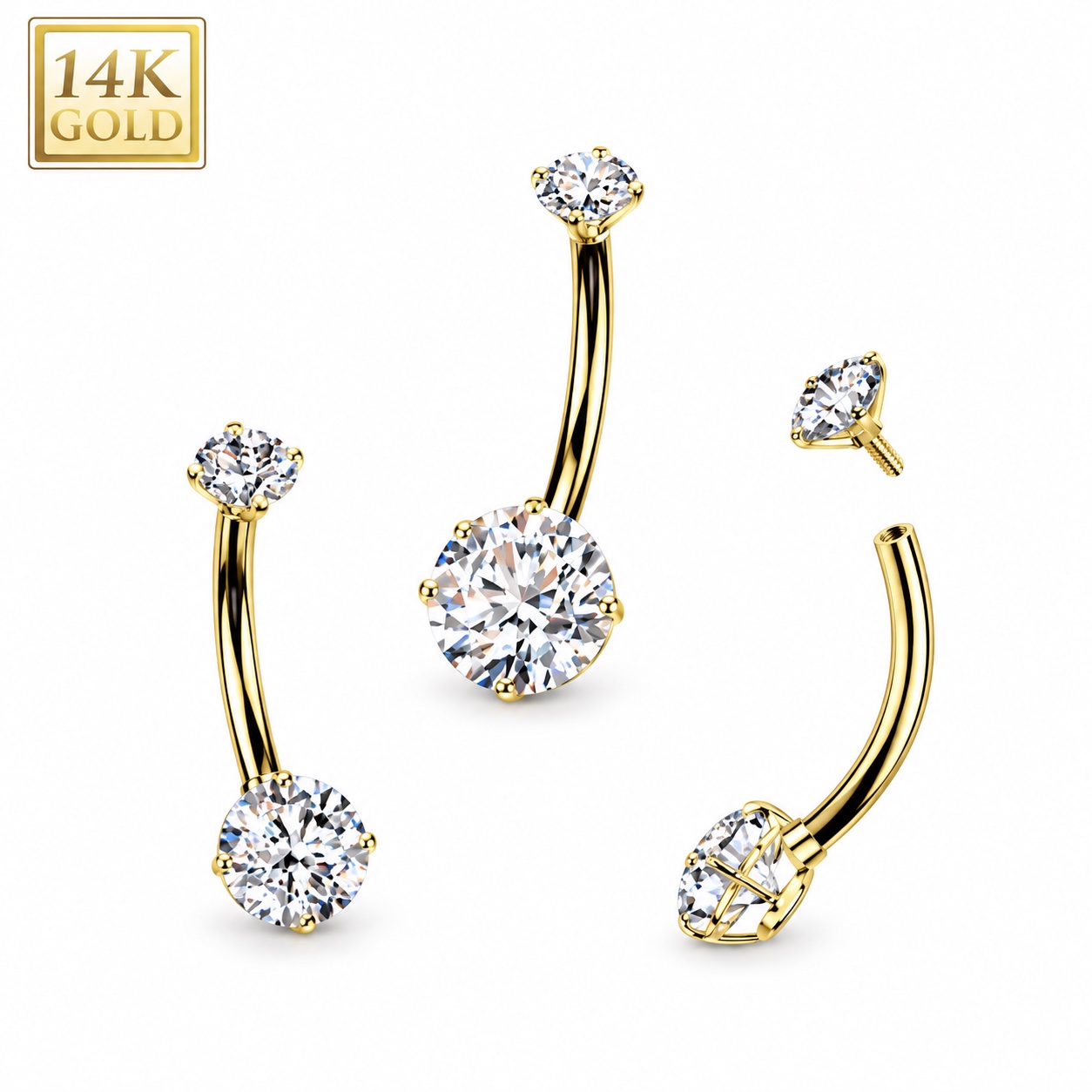 14K Gold Internally Threaded Double Prong CZ Belly Ring