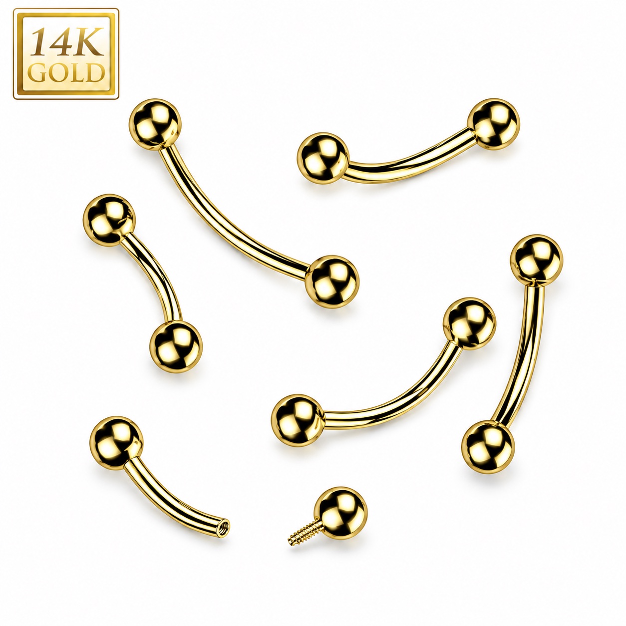 14K Gold Internally Threaded Curved Barbell With Press Balls