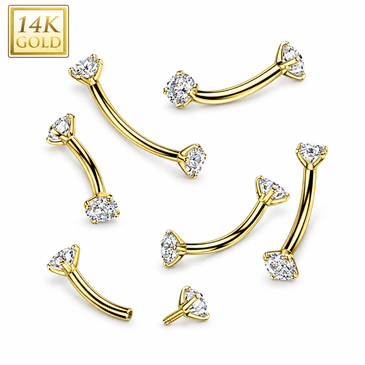 14K Gold Internally Threaded Curved Barbell With Prong CZ Ends