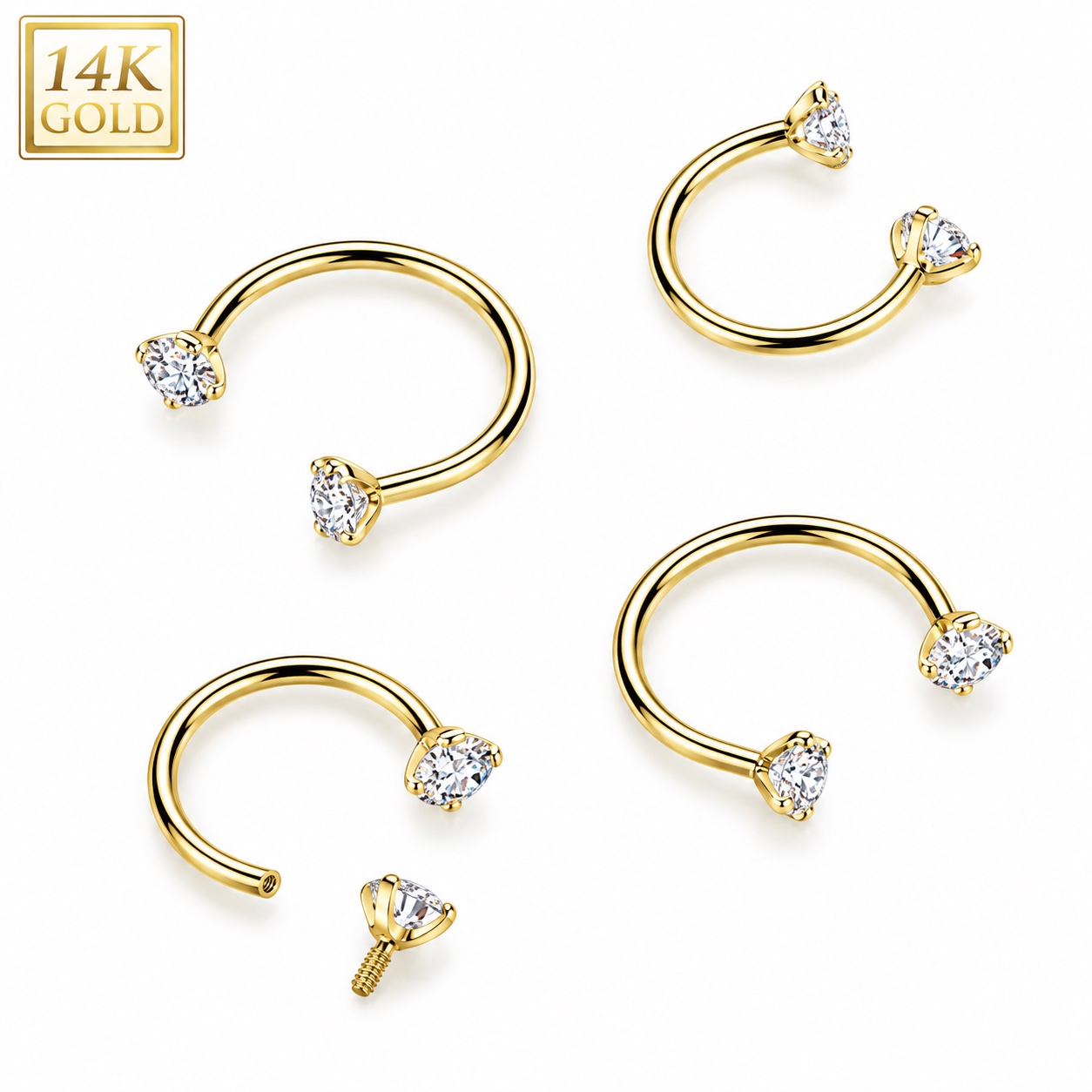 14K Gold Internally Threaded Horseshoe With Prong CZ Ends