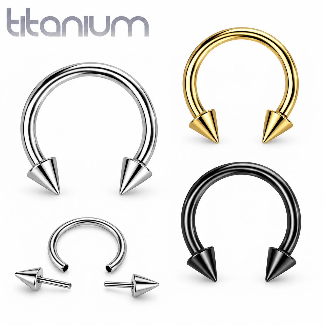 Titanium push-pin horseshoes with spike ends in silver, black and gold