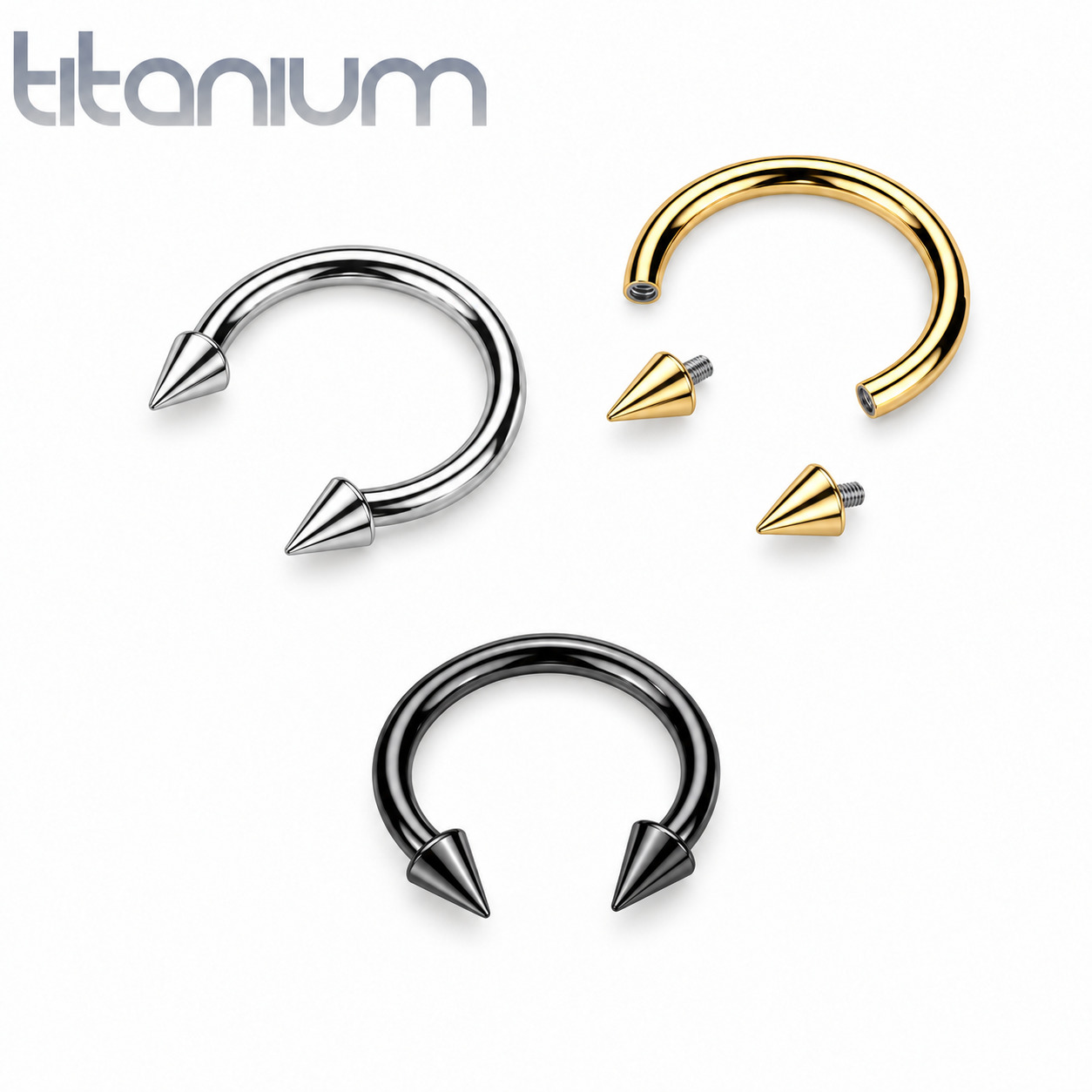 Titanium threaded horseshoes with spike ends in silver, black and gold