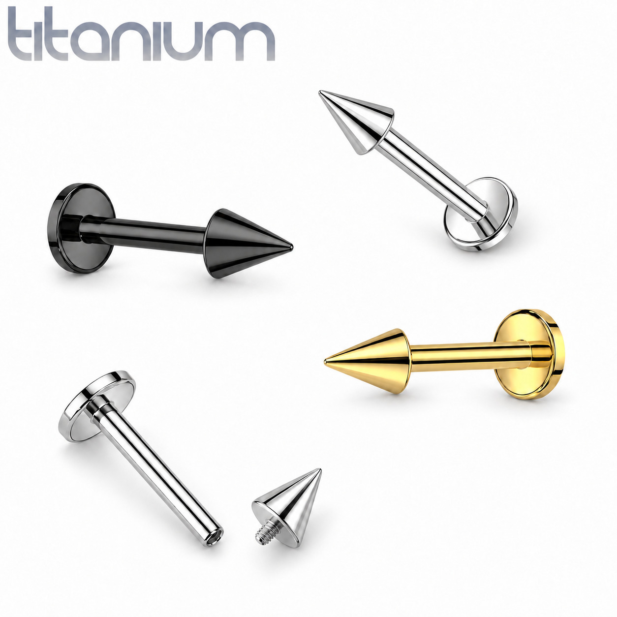 Titanium Threaded Spike Flat-Back Stud in Silver, Black and Gold